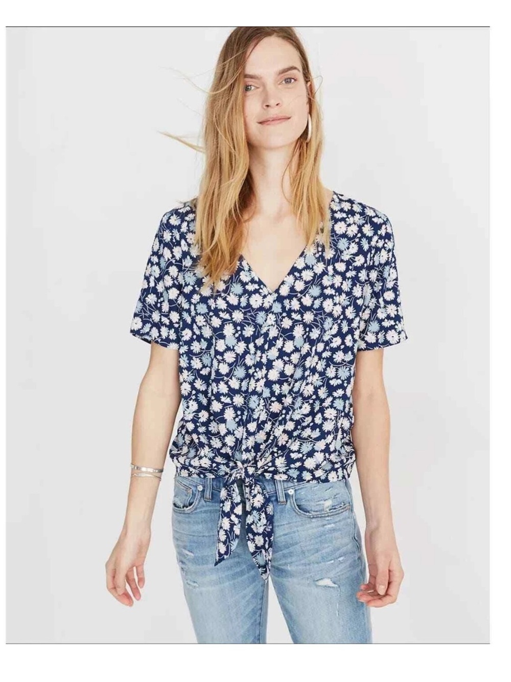 Madewell XS NWT Women's Navy Floral Tie-Front Top